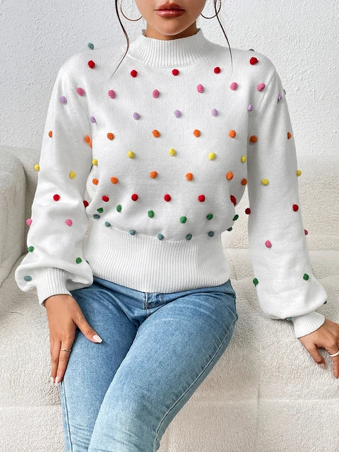 Maeve & Co Women's Pom-Pom Jumper - Multicolour Bobble Knit Pullover, Long Sleeve