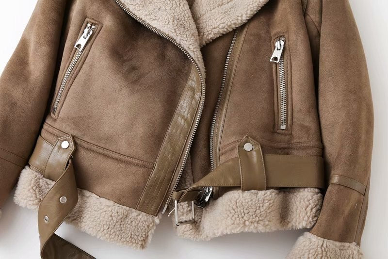Maeve & Co Women's Faux Shearling Jacket - Suede Biker Aviator Coat, Short Zip-Up