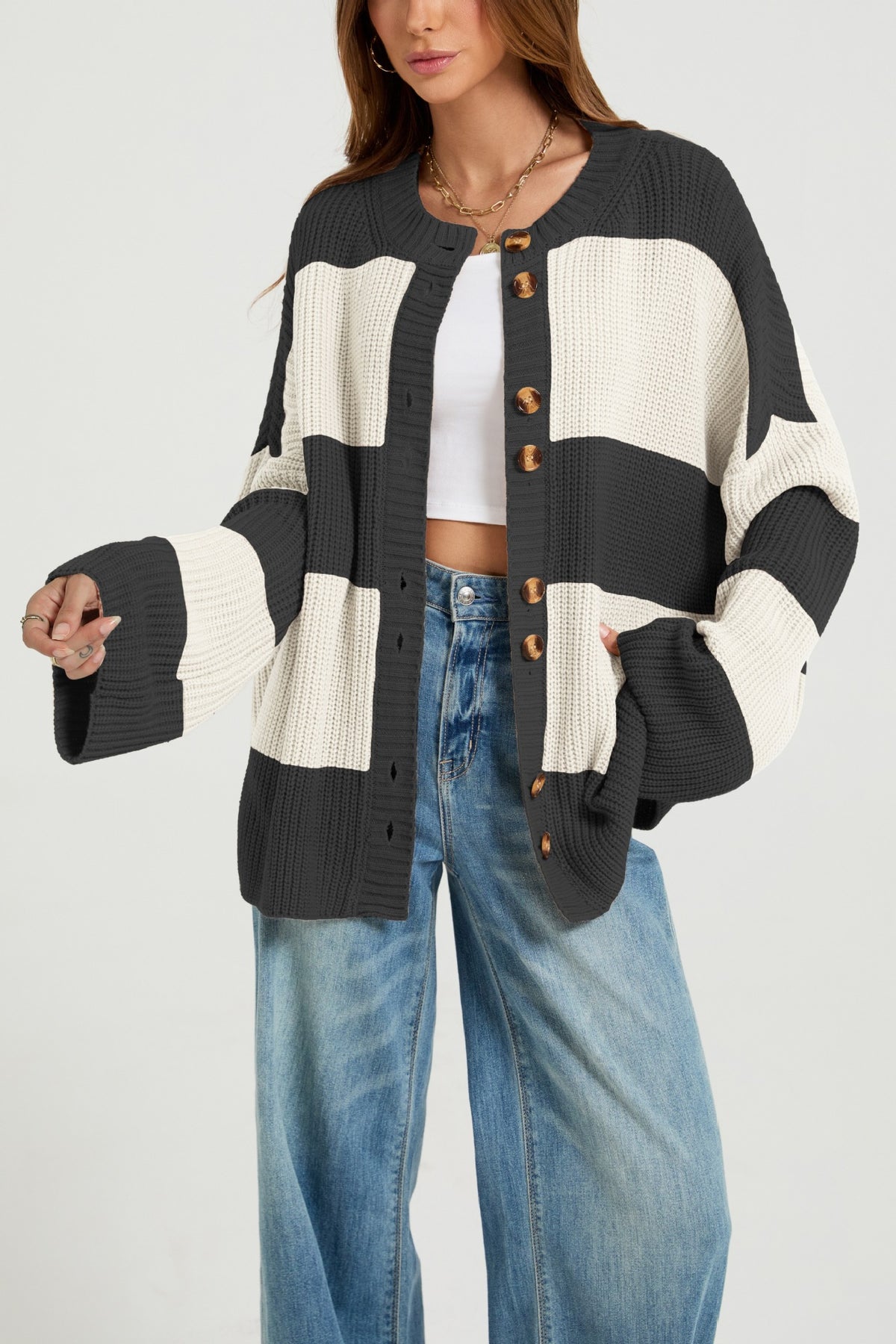 Maeve & Co Women's Striped Cardigan - Crew Neck Patchwork Knitted Cardigan, Colour Block