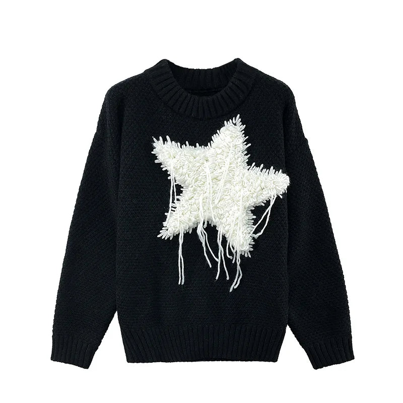 Maeve & Co Women's Star Jumper - Black & White Colour Block Knit Pullover, Long Sleeve