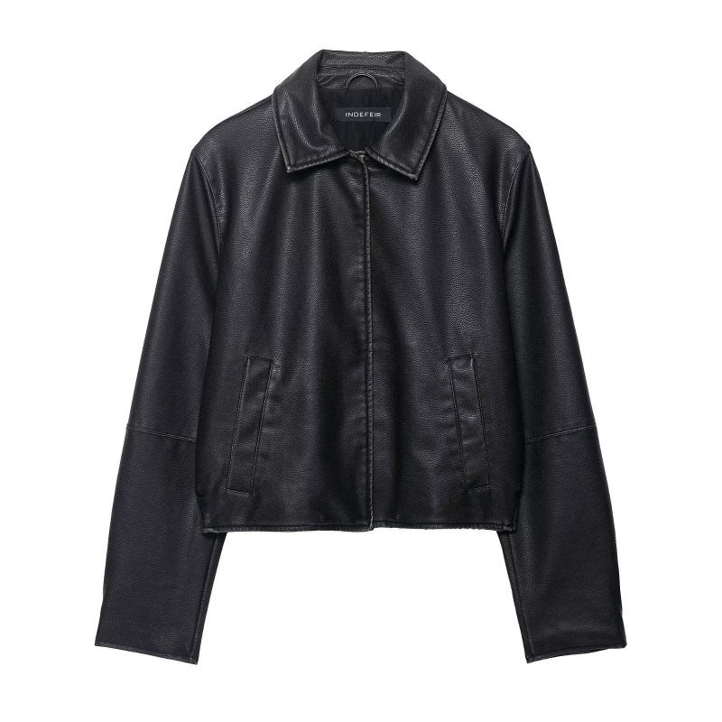 Maeve Women's Leather Jacket - Zip-Up Long-Sleeve Autumn-Weight, Black