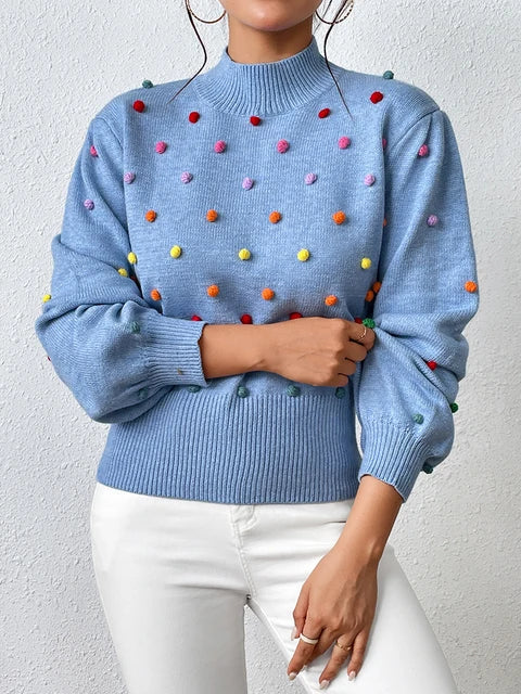 Maeve & Co Women's Pom-Pom Jumper - Multicolour Bobble Knit Pullover, Long Sleeve