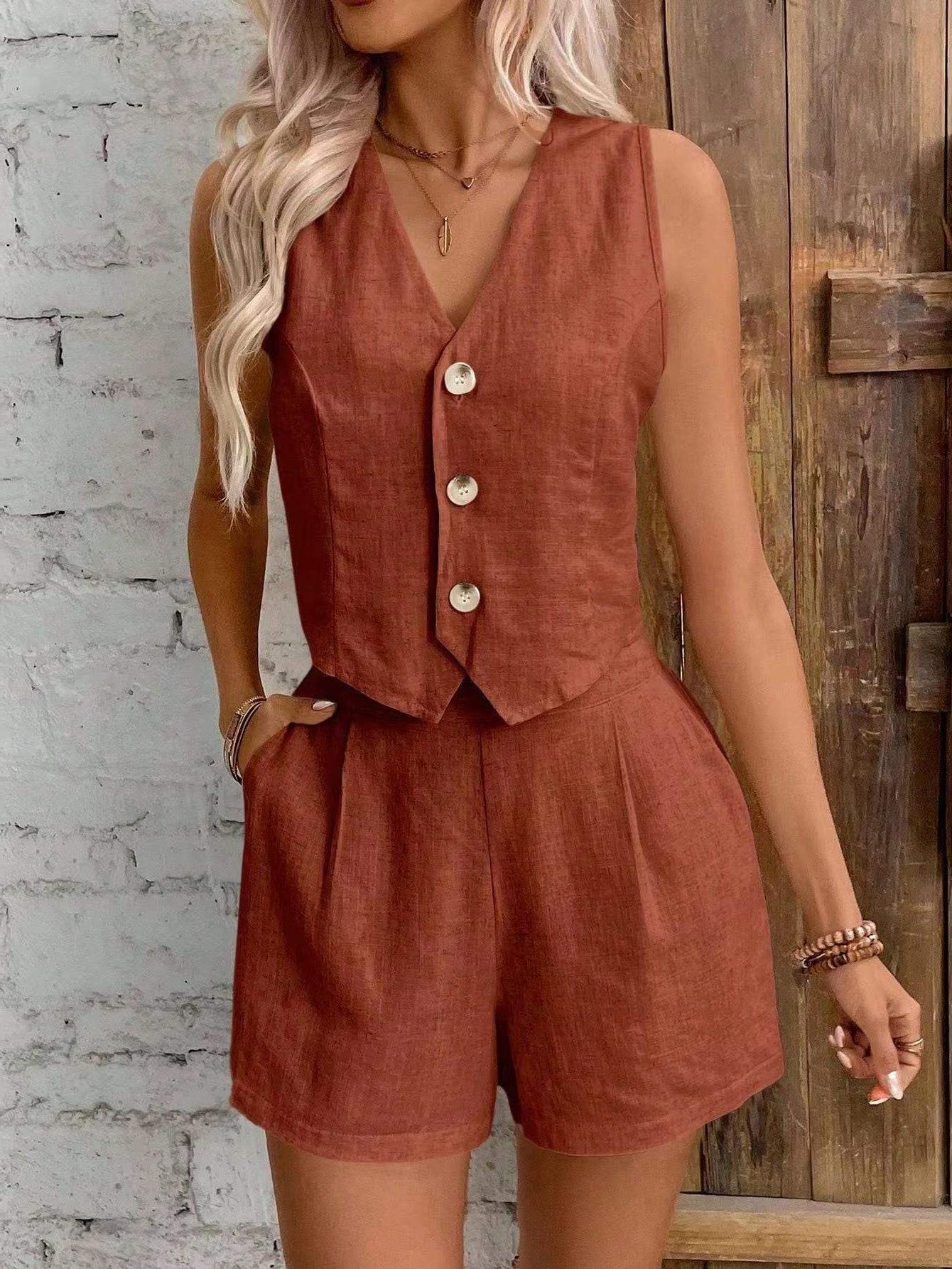 Women's Linen Set Waistcoat & Shorts, V Neck, Button Front, Co-Ord