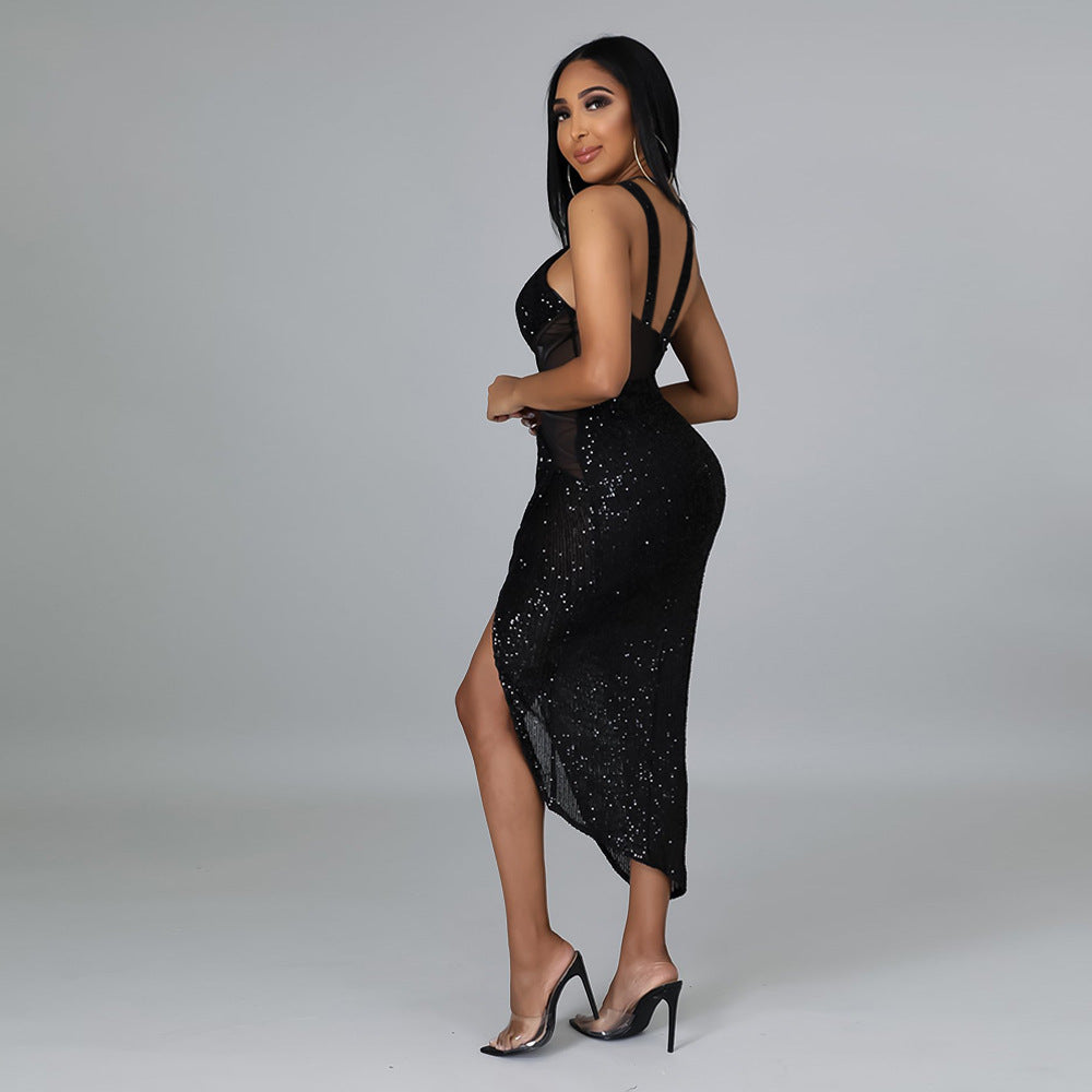 Maeve & Co Women's Sequin Dress - Halter Neck Asymmetric Hem Party Dress
