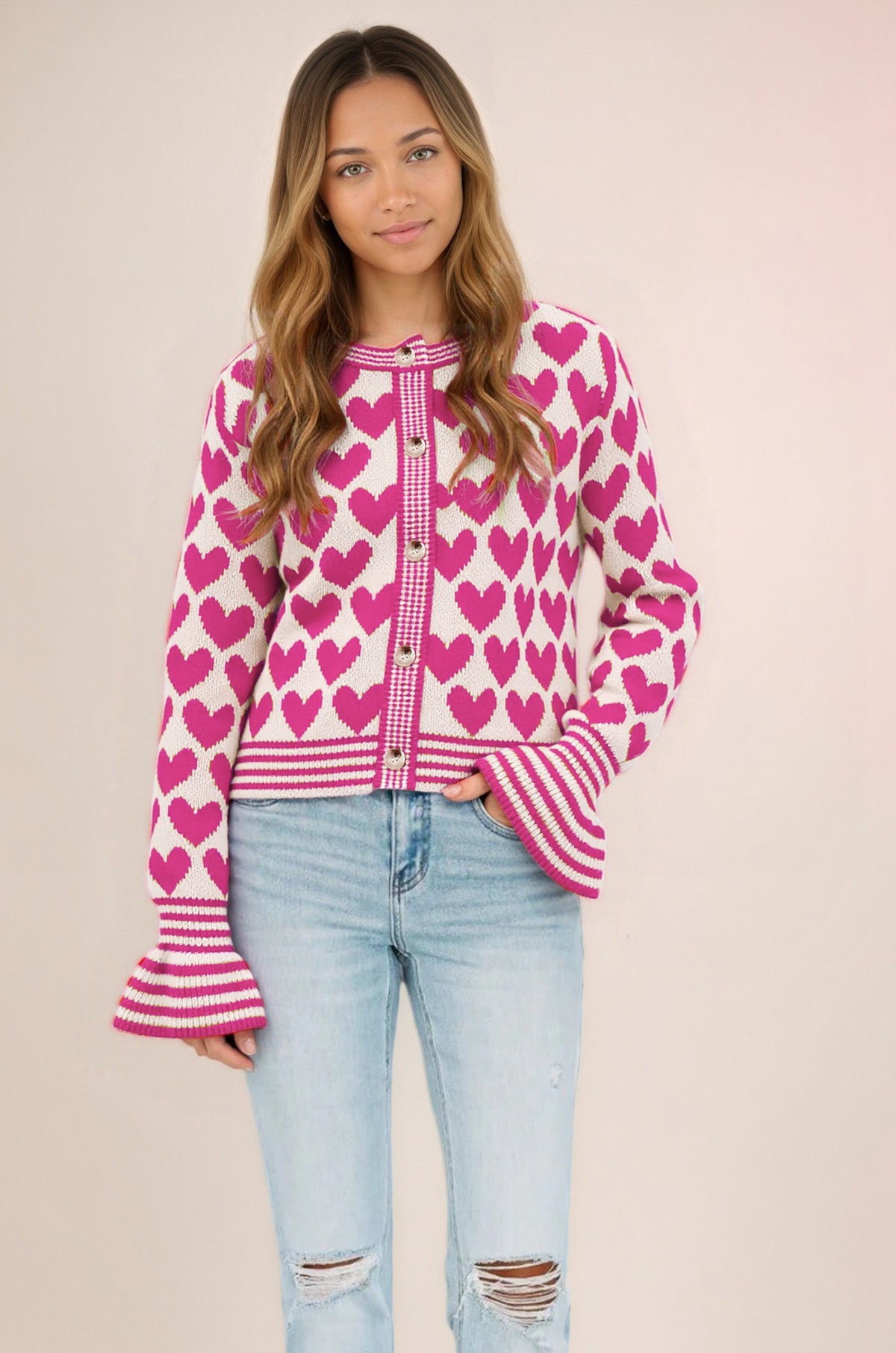 Maeve & Co Women's Heart Cardigan - Button-Front Crew Neck Knitted Cardigan, Colour Block