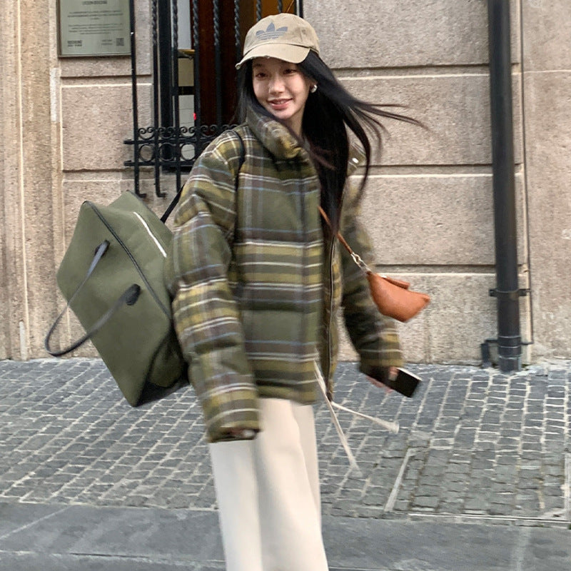 Maeve & Co Women's Puffer Jacket - Retro Check High Neck Short Padded Coat