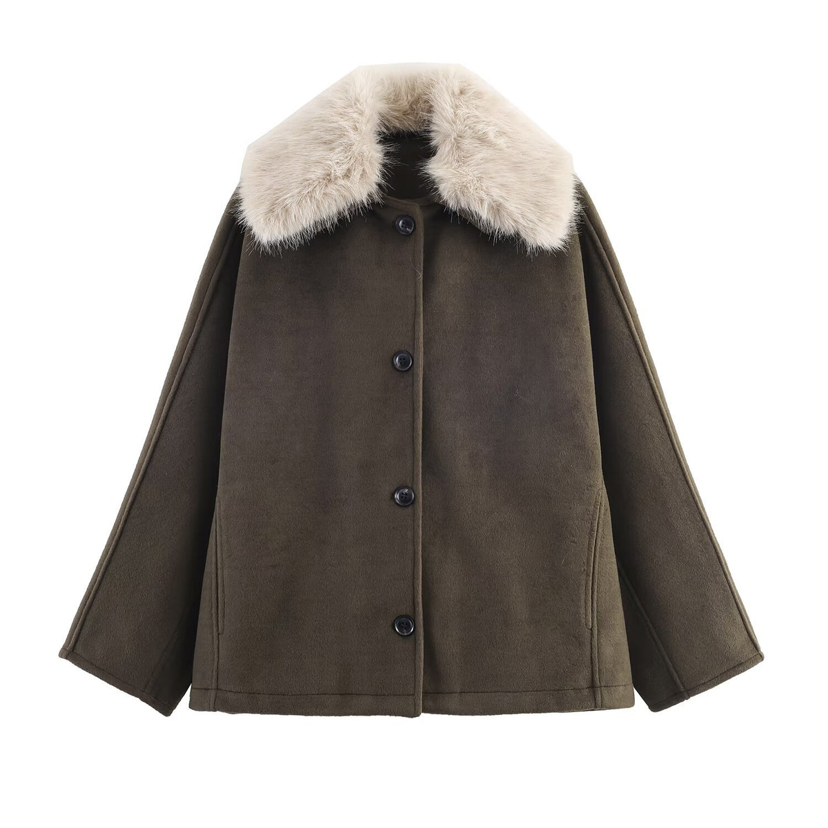 Maeve & Co Women's Faux Fur Collar Coat - Button-Front Short Winter Jacket, Olive Green