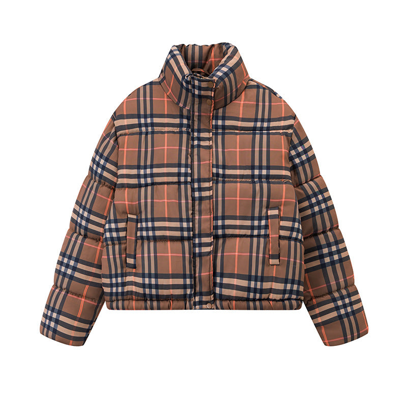 Maeve & Co Women's Puffer Coat - Check Stand Collar Short Padded Jacket, Khaki Check