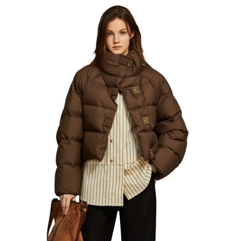Maeve & Co Women's Puffer Jacket - Stand Collar Short Padded Coat, Loose Fit, Brown