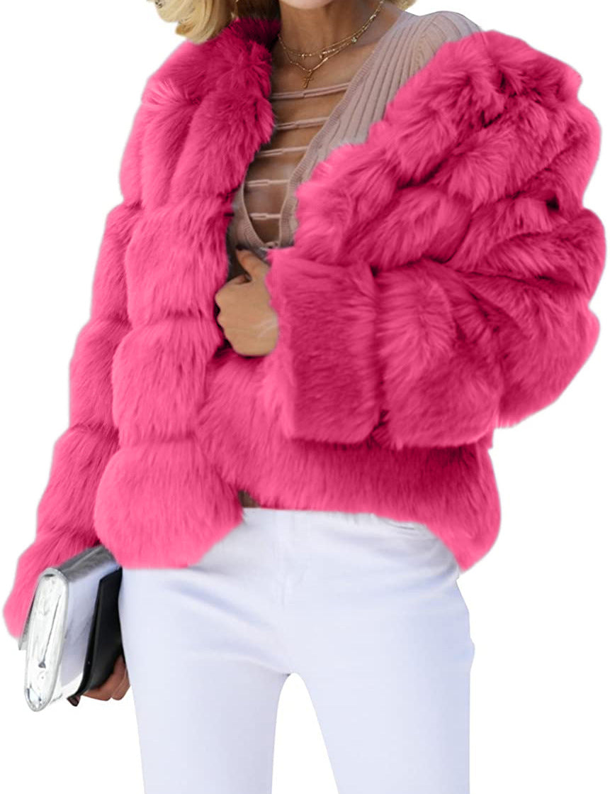 Maeve & Co Women's Faux Fur Coat - Crew Neck Fluffy Fur Jacket, Long Sleeve