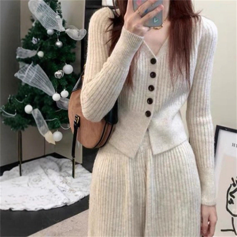 Maeve Women's Knitted Co-Ord Set - Cardigan & Wide-Leg Trousers