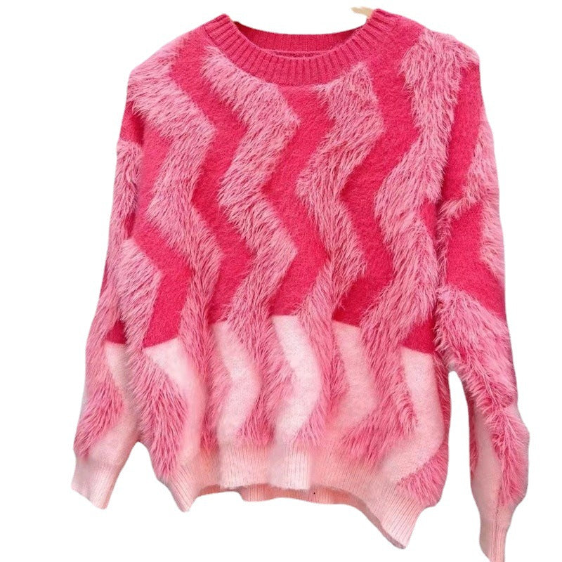 Maeve & Co Women's Fluffy Jumper - Wave Stripe Crew Neck Oversized Knit Pullover, Pink