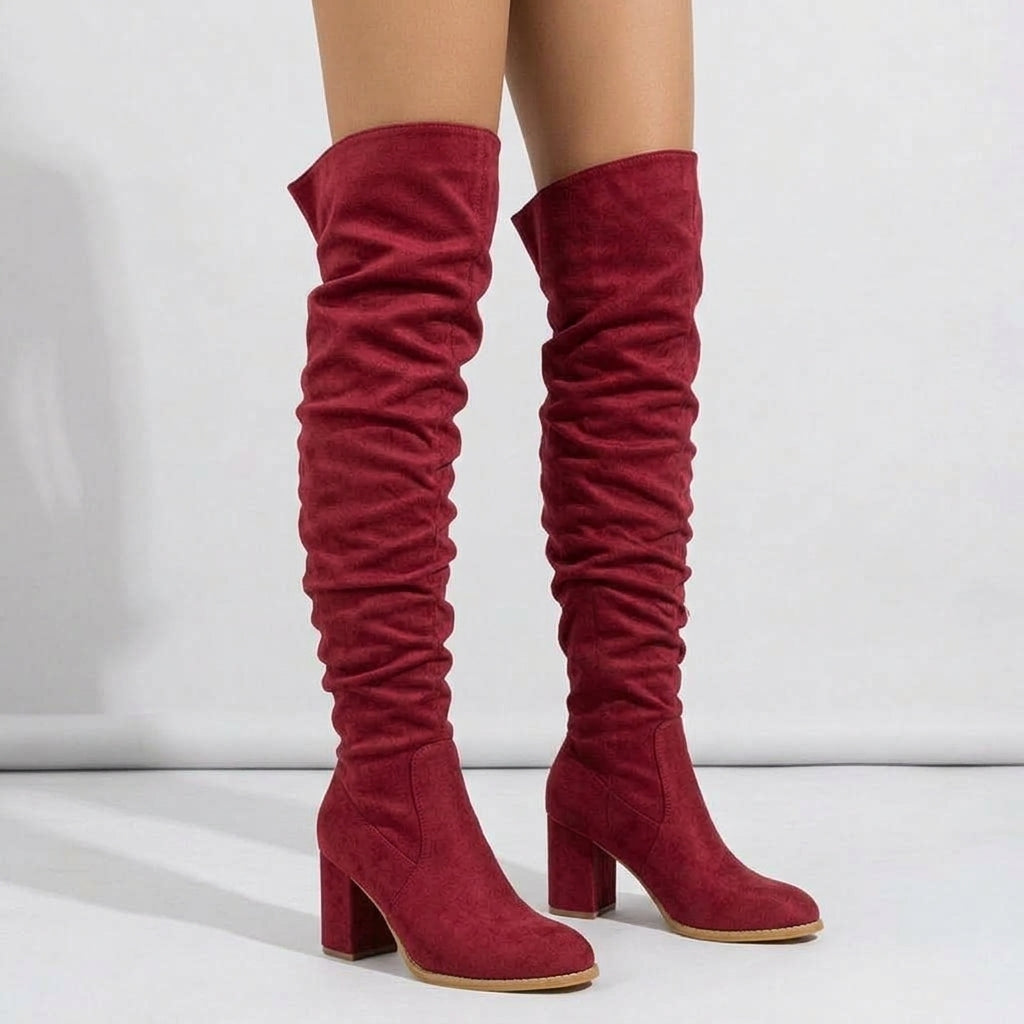 Red boots, three-quarter view