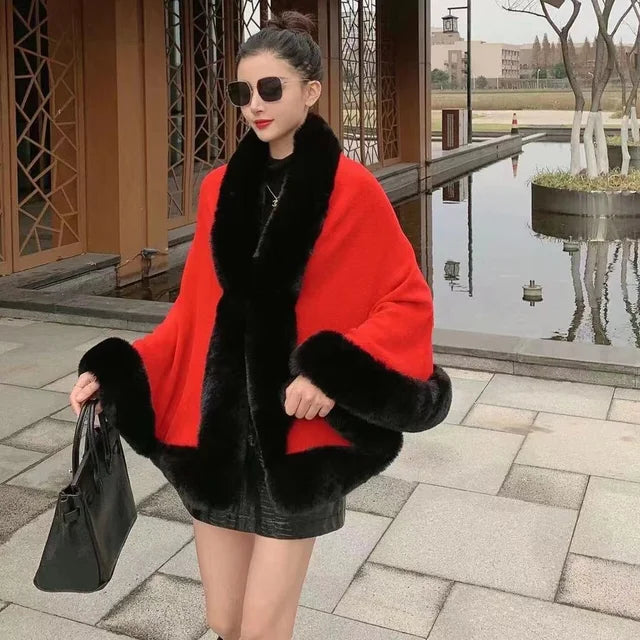 Maeve & Co Women's Faux Fur Trim Cape - Open-Front Poncho Coat