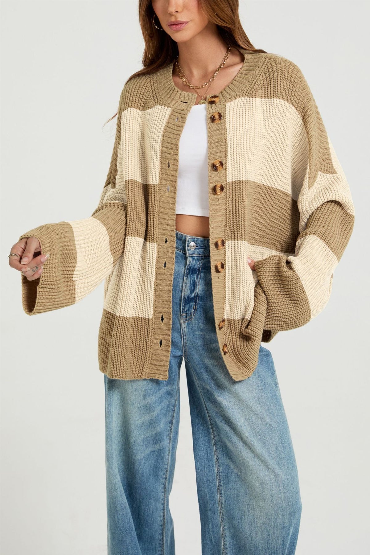 Maeve & Co Women's Striped Cardigan - Crew Neck Patchwork Knitted Cardigan, Colour Block