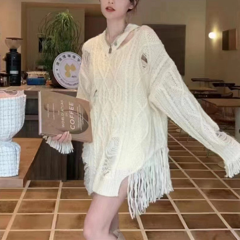 Maeve & Co Women's Open Knit Jumper - Distressed Tassel Oversized Pullover, Beige