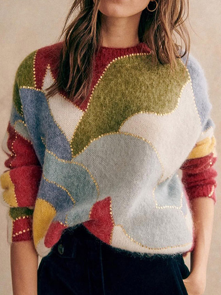 Maeve & Co Women's Sequin Jumper - Patchwork Crew Neck Loose Knit Pullover, Multicolour