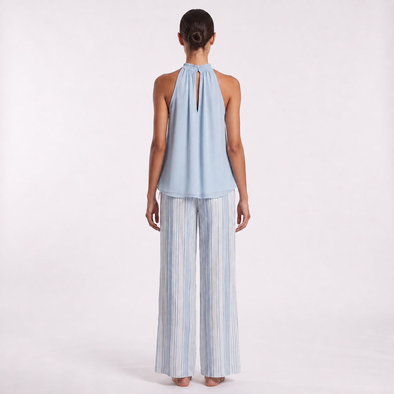 Maeve Women's Blue Co-Ord Set, Chiffon Top & Striped Wide-Leg Trousers