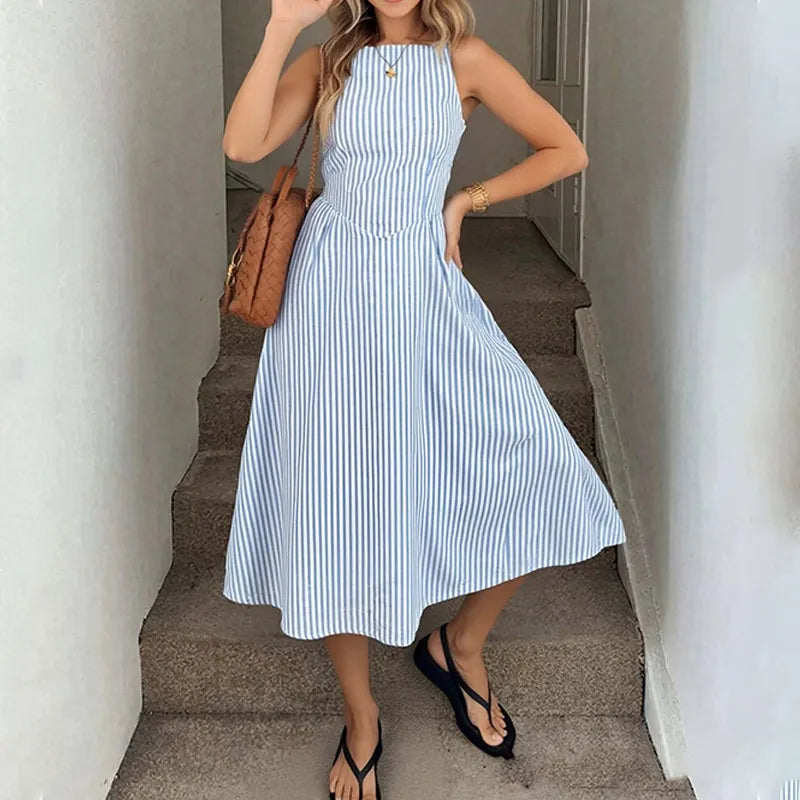 Women's Midi Dress Striped, Sleeveless, Square Neck, A-Line, Pocket