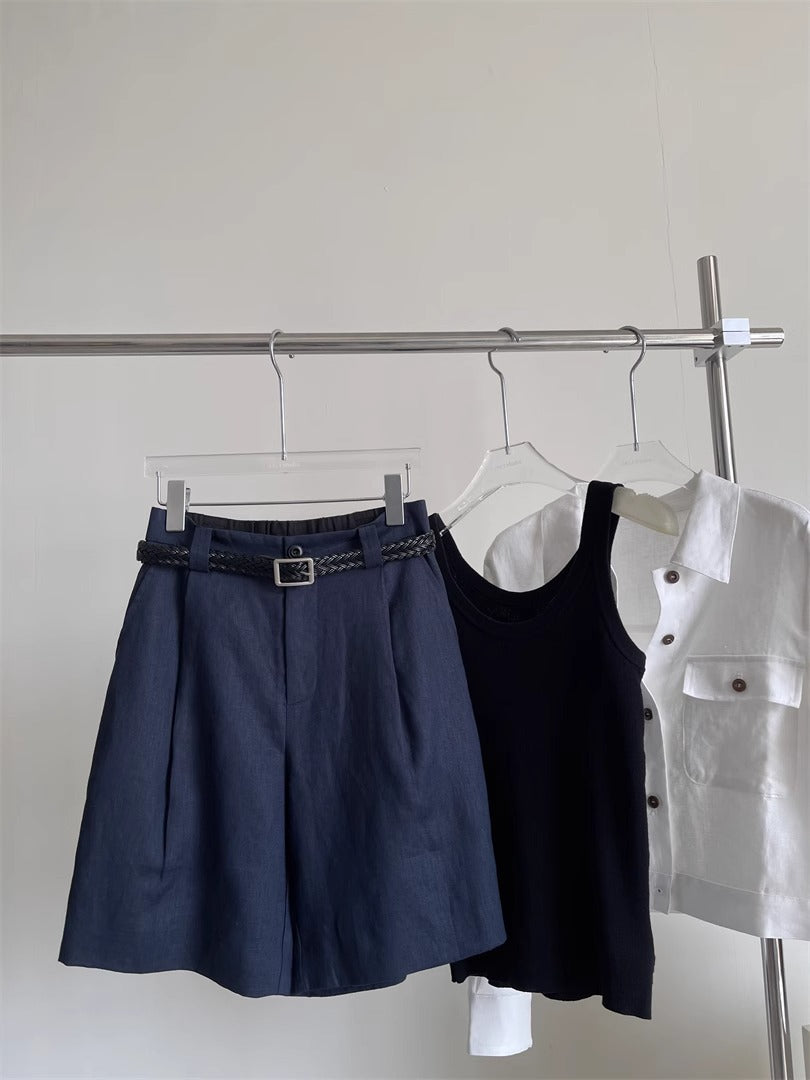 Women's Linen Shorts Wide Leg, High Waist, Belted, Tailored