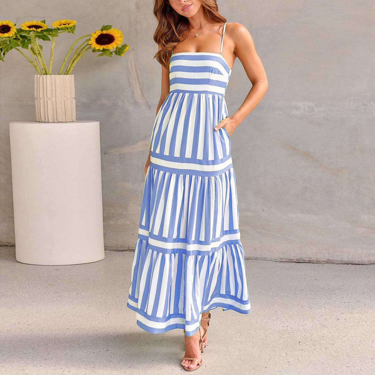 Women's Maxi Dress Backless, Tiered, Striped, Summer Sundress