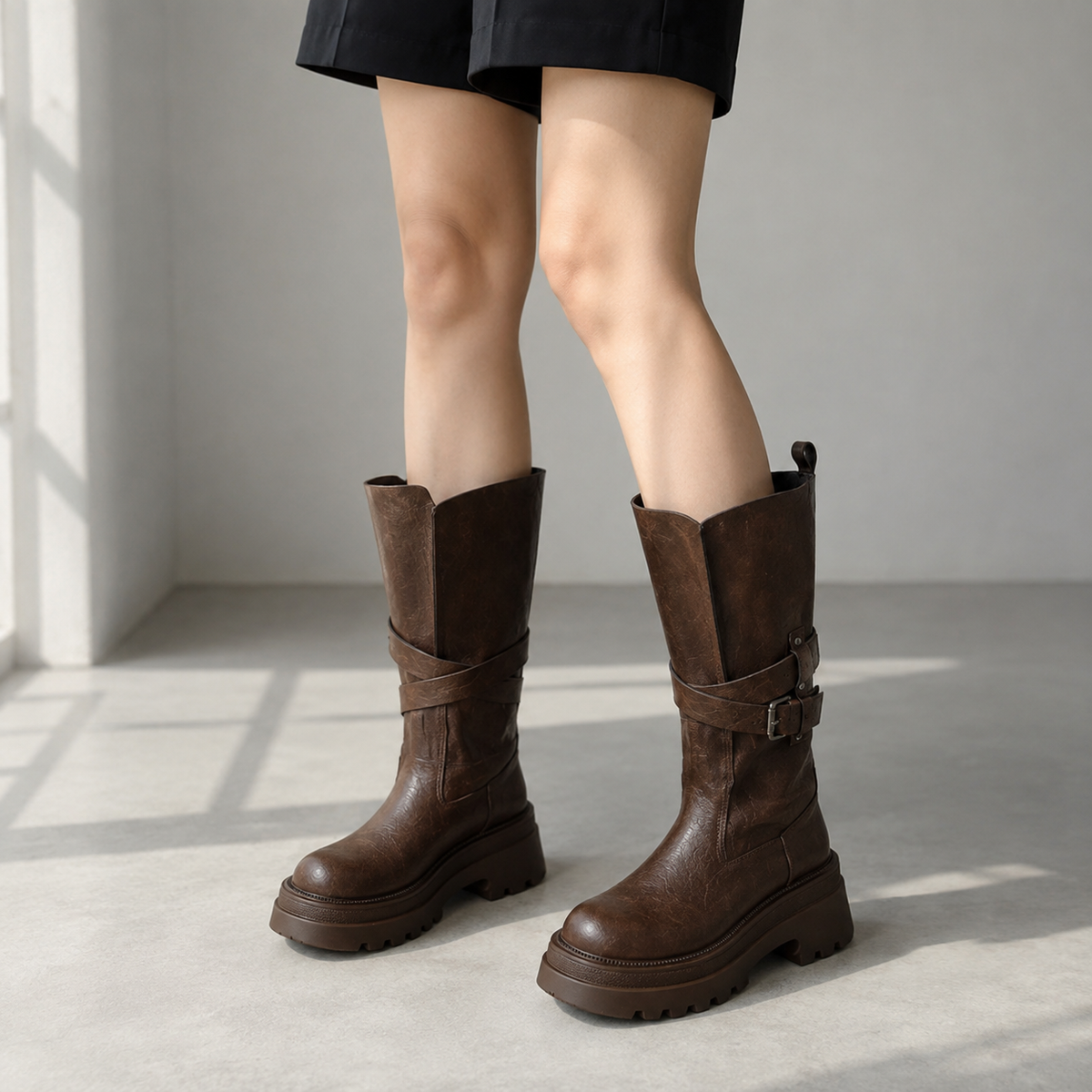 Maeve Women's Chunky Platform Boots - Buckle Strap, Mid-Calf