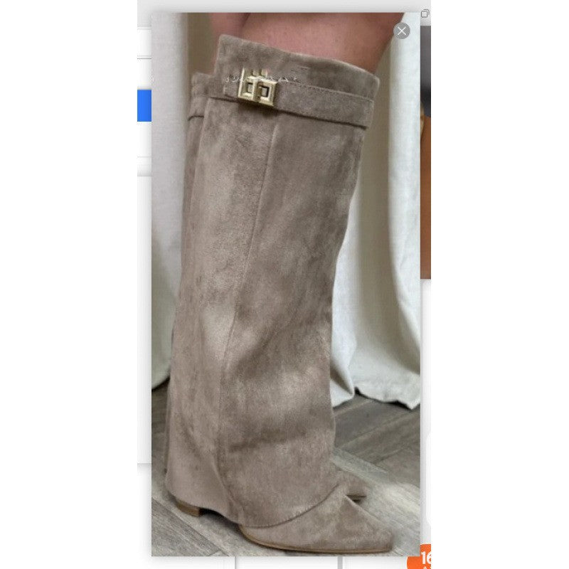 Maeve Women's Fold-Over Wedge Boots - Pointed Shark-Lock, Knee-High
