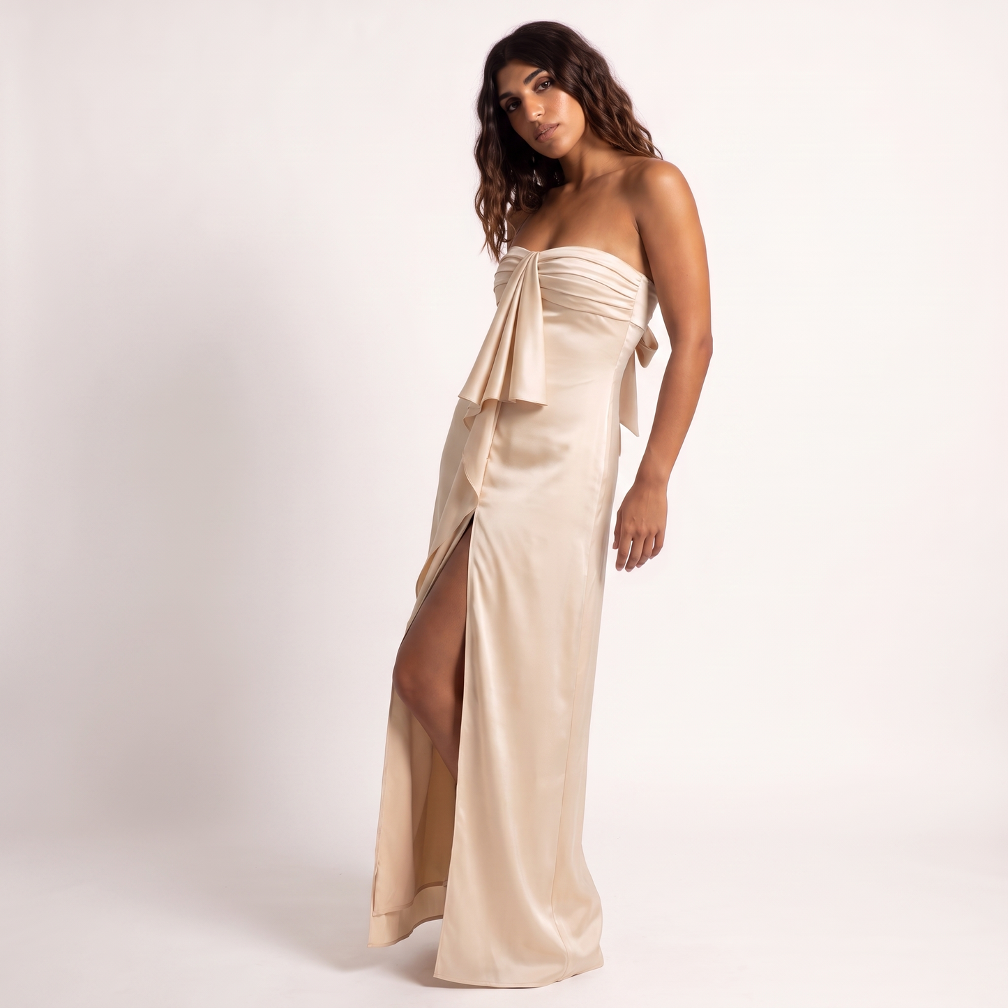 Apricot champagne strapless satin gown - three quarter alt