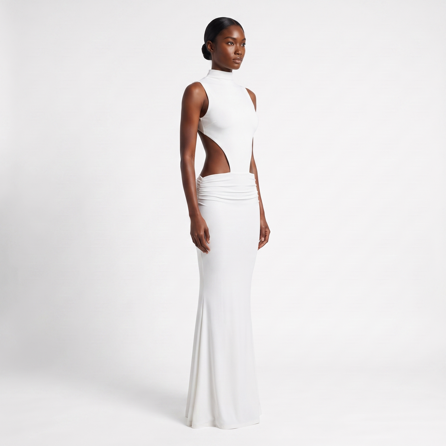 White backless mock-neck maxi - three quarter alt