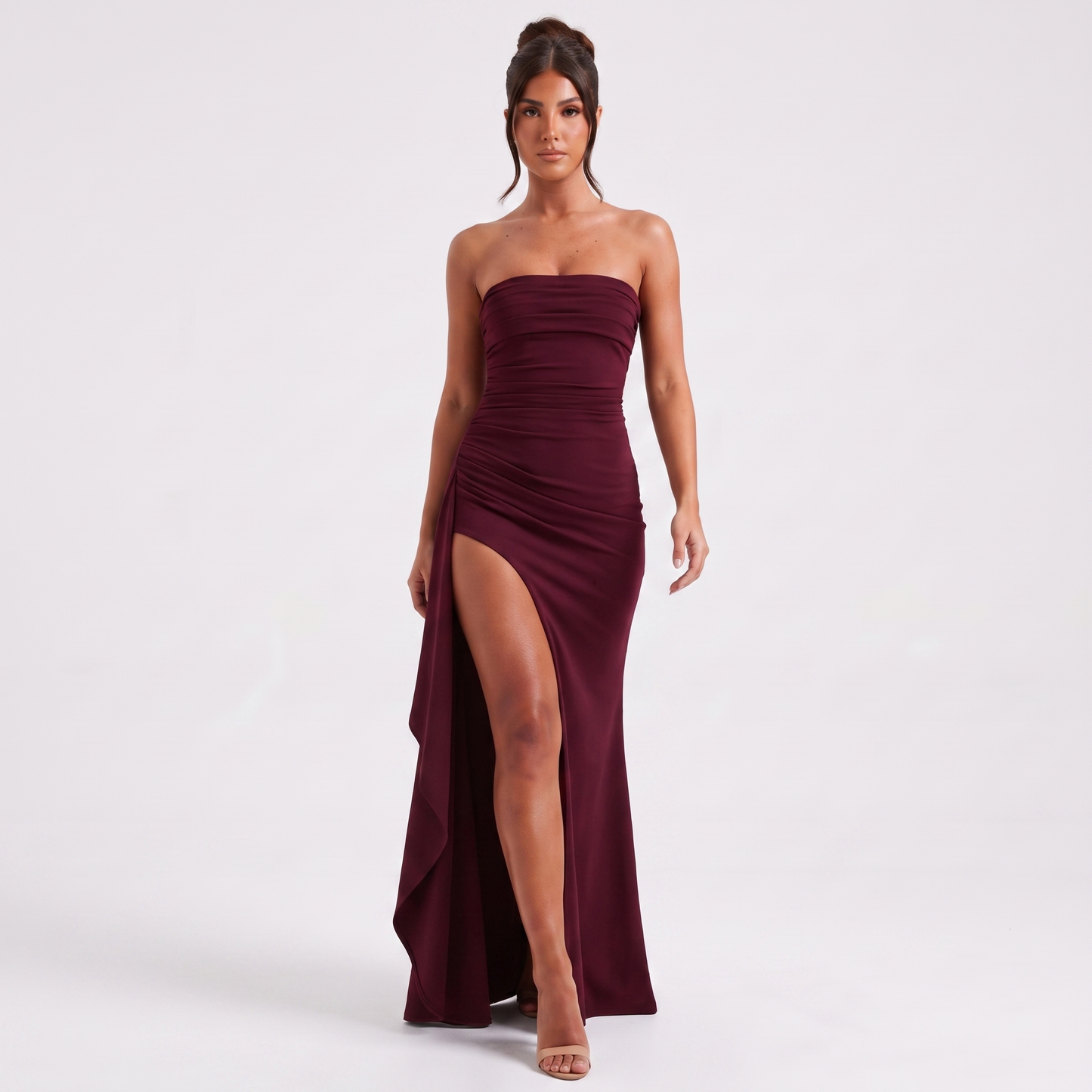 Strapless ruched high-slit gown Wine red - front