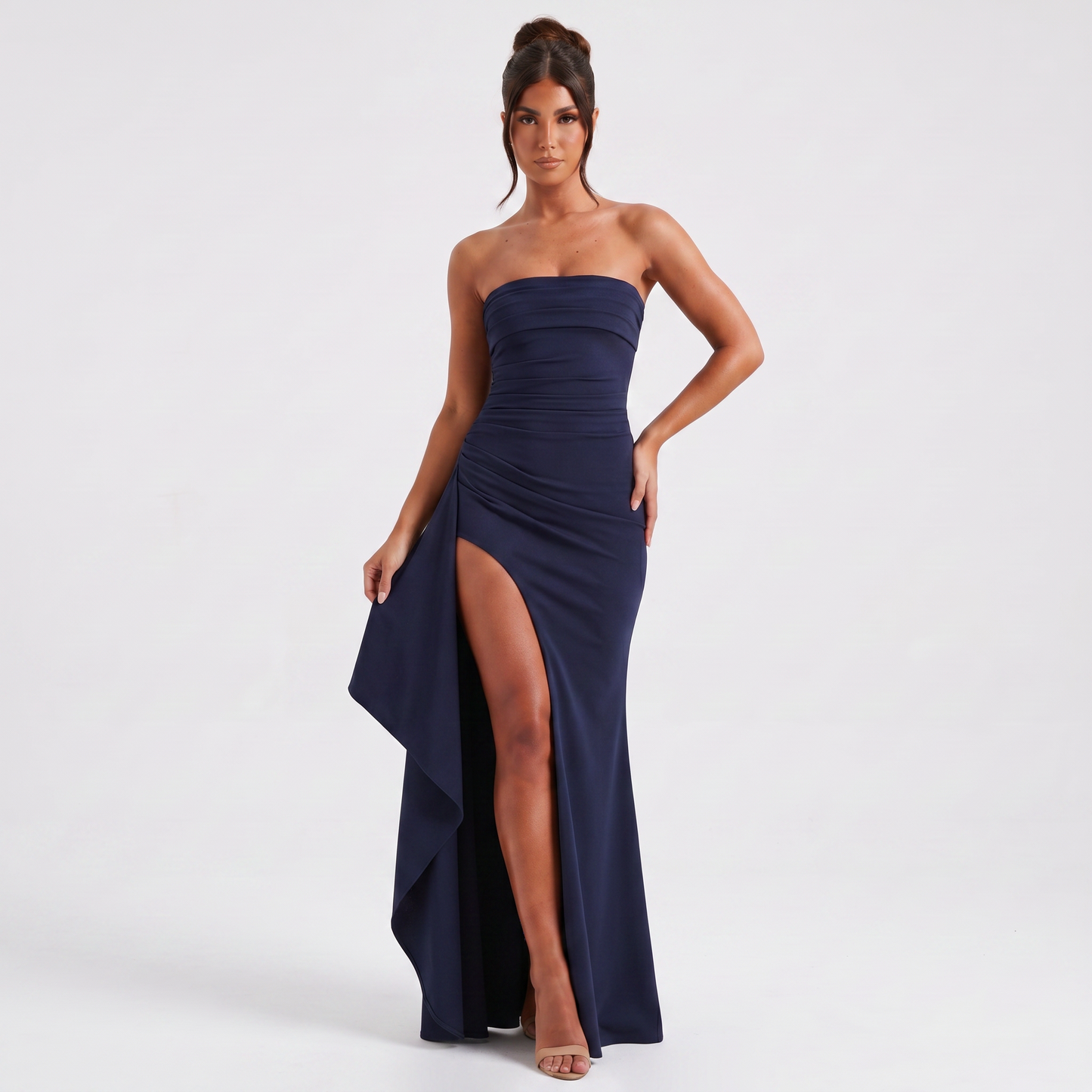 Strapless ruched high-slit gown Navy blue - front