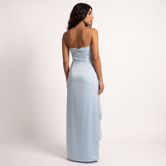 Elegant One-Shoulder Satin Dress Blue - back