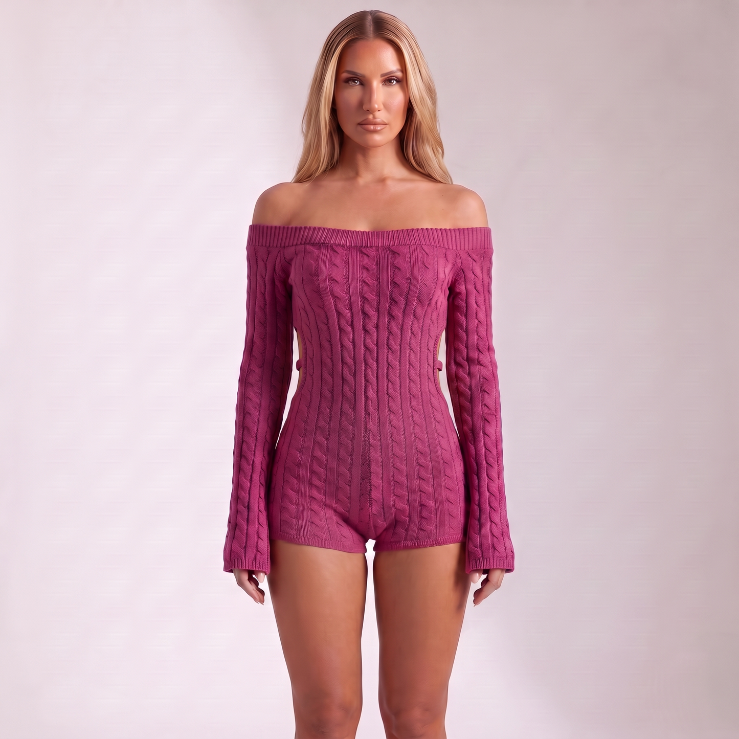Maeve cable-knit playsuit Rose Red - small side notches with straps