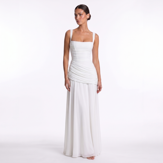 Maeve Women's Occasion Dress – Chiffon Ruched Lace-Up Square-Neck Maxi Gown