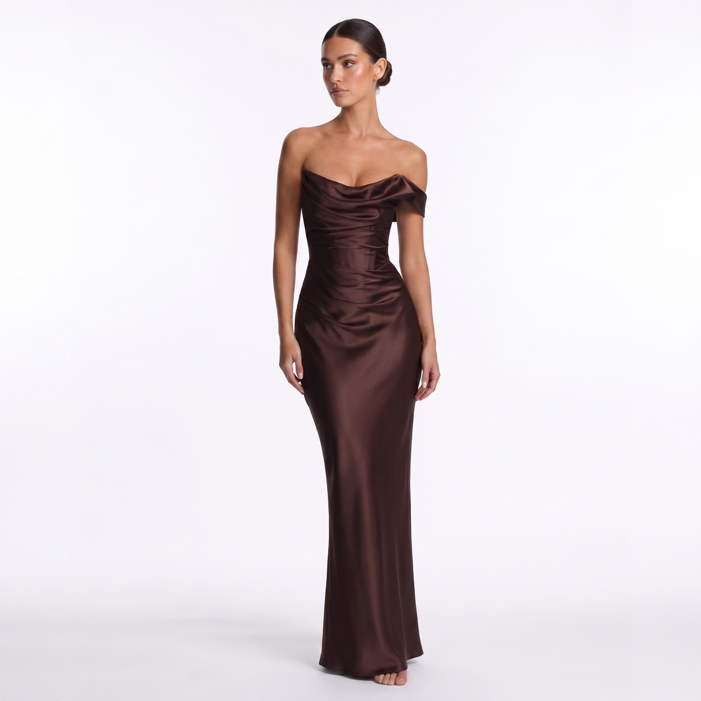 Maeve Women's Bardot Dress – Satin Off-Shoulder Bodycon Maxi Evening Gown