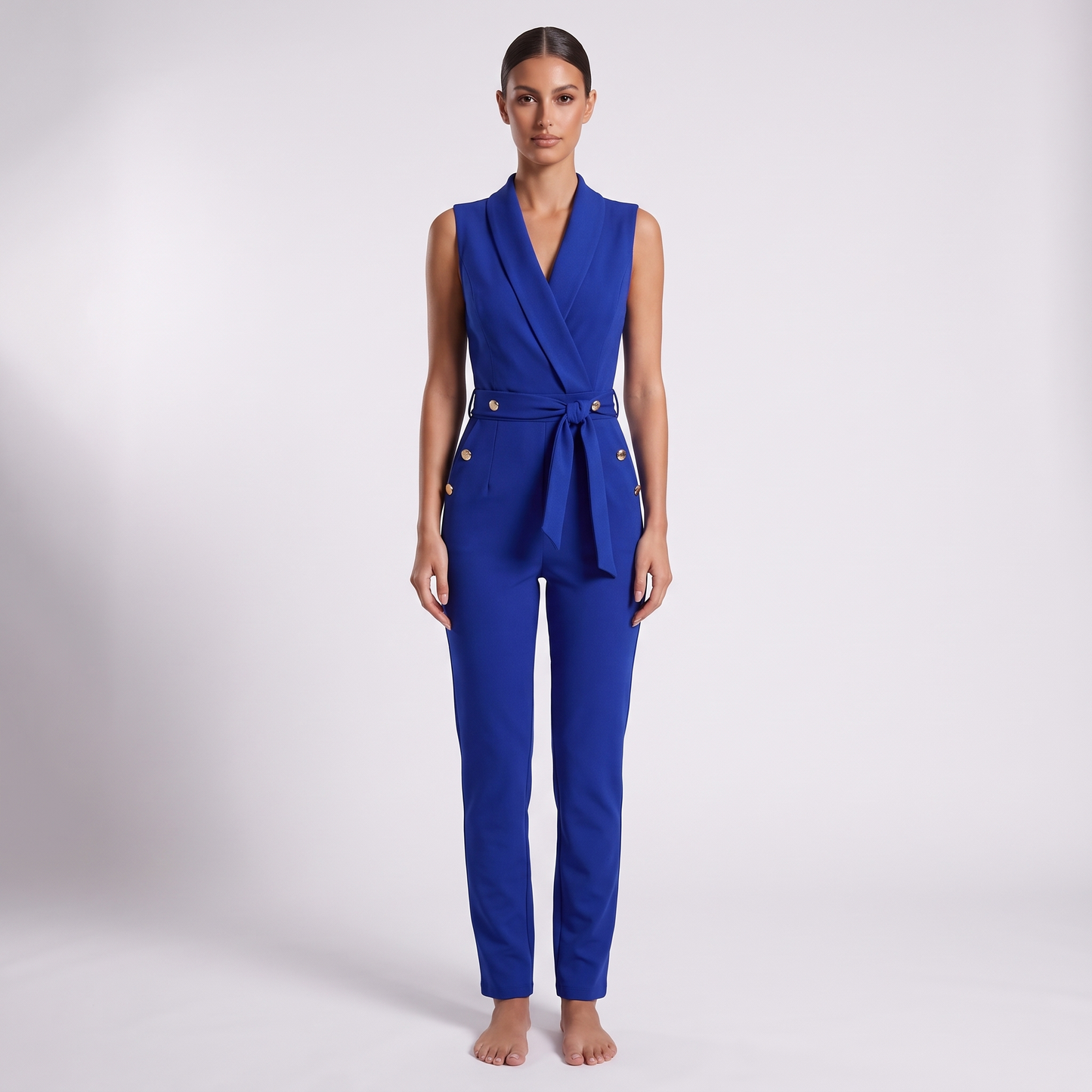 Maeve & Co V-neck sleeveless one-piece jumpsuit in royal blue - full-length front view on model