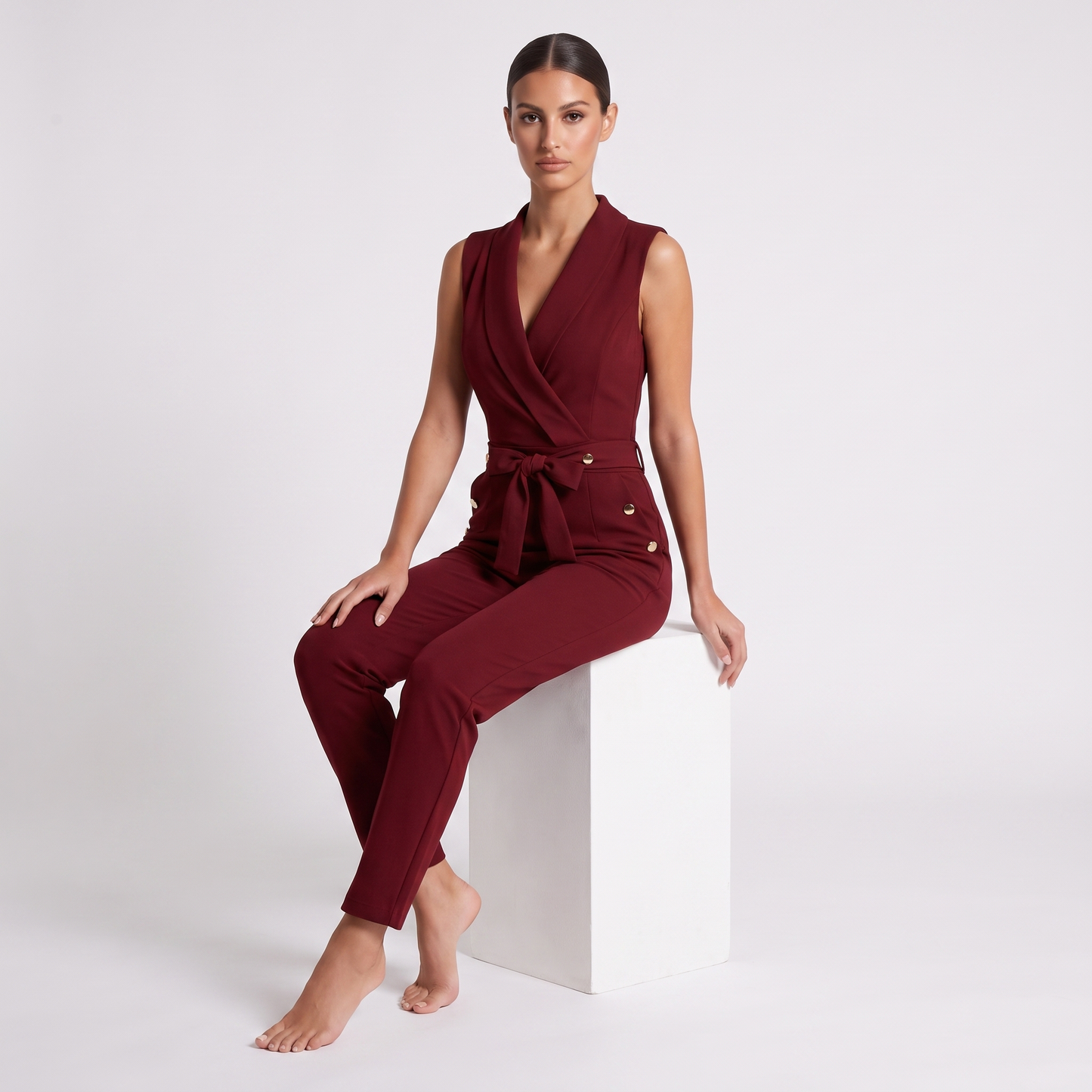 Maeve & Co V-neck sleeveless one-piece jumpsuit in wine red - seated full-length view on model