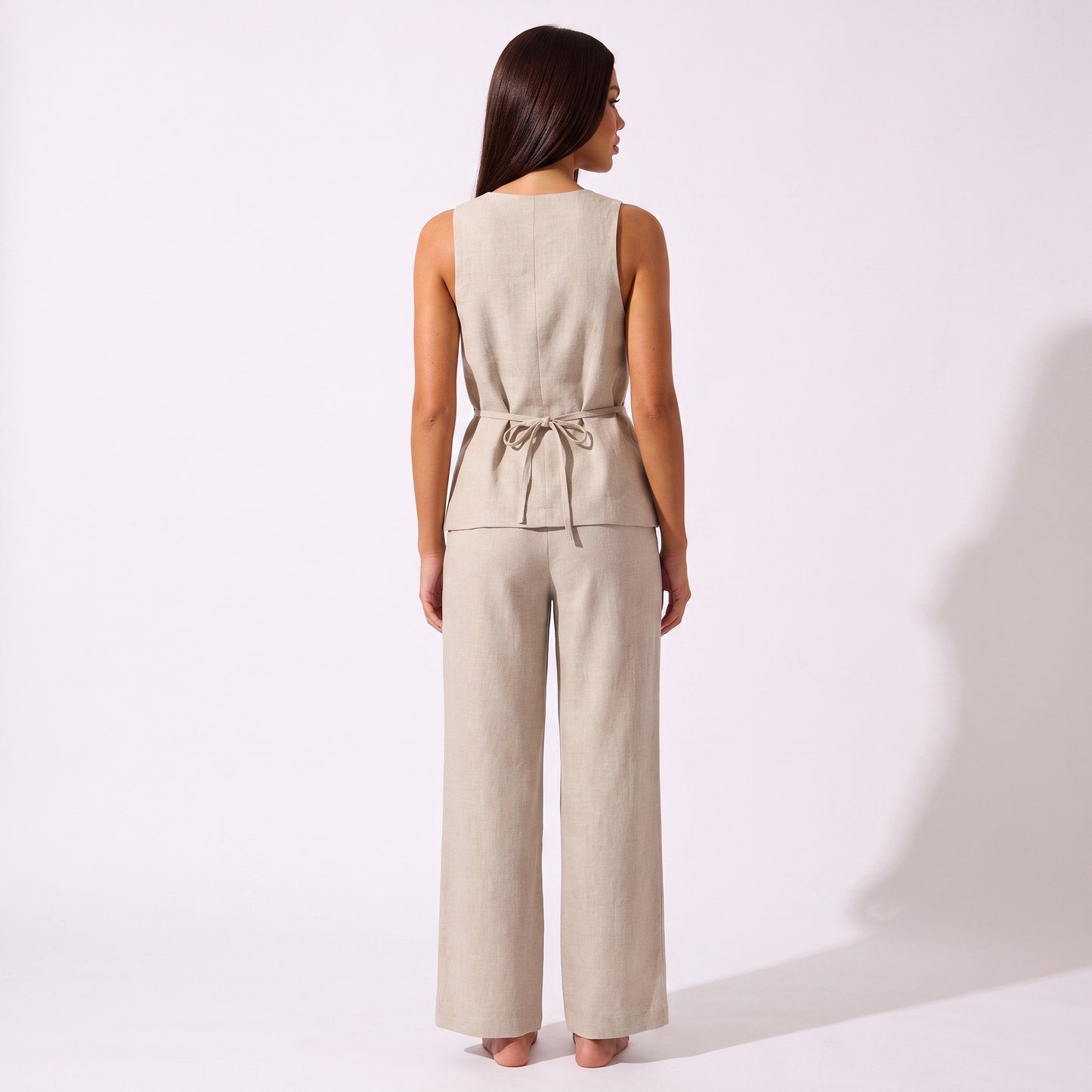 Cotton Sleeveless Vest and Pants Set - khaki - back