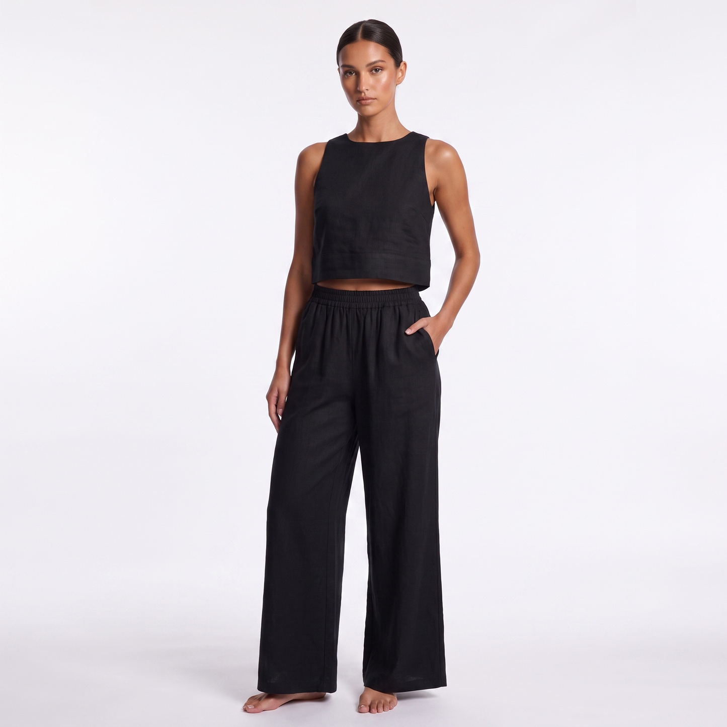Women's Casual Sleeveless Shirt and Pants Set - Black