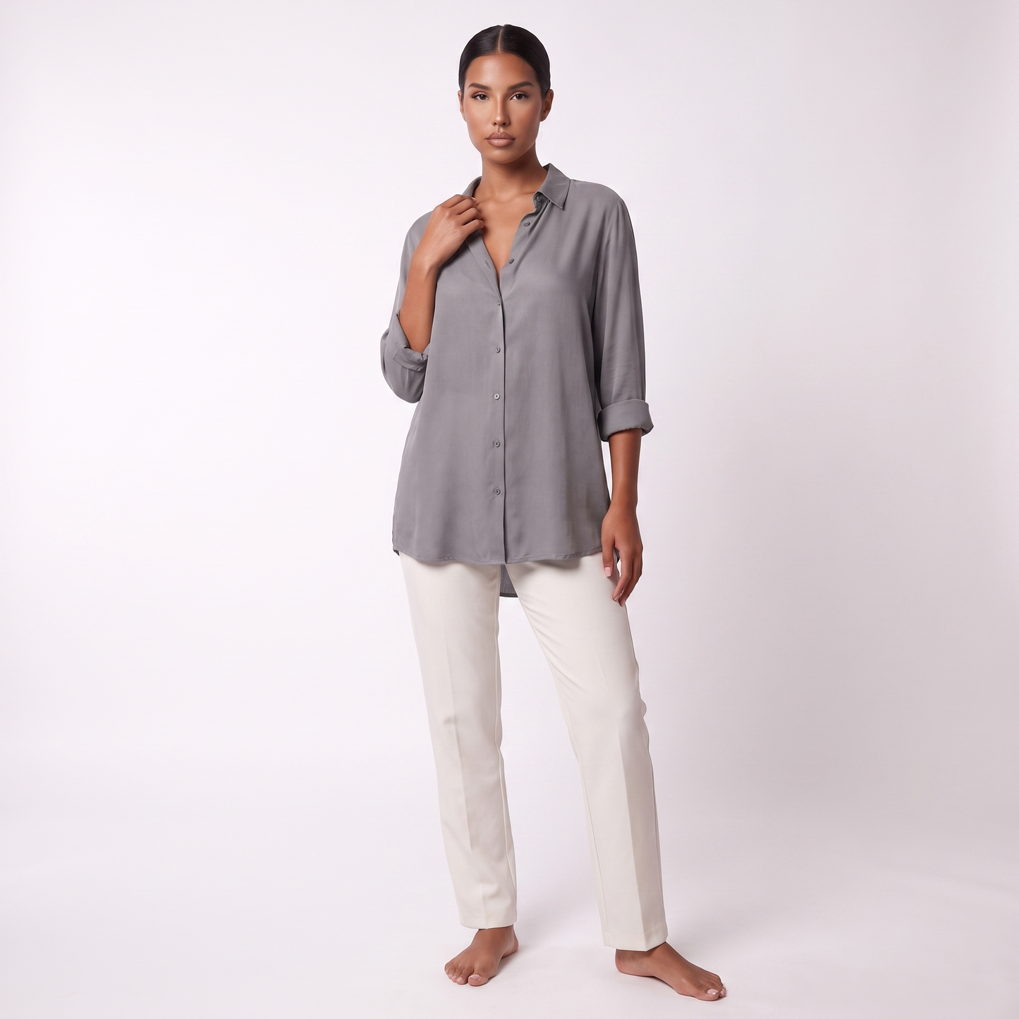 Grey long-sleeve button-front blouse, full-length front view
