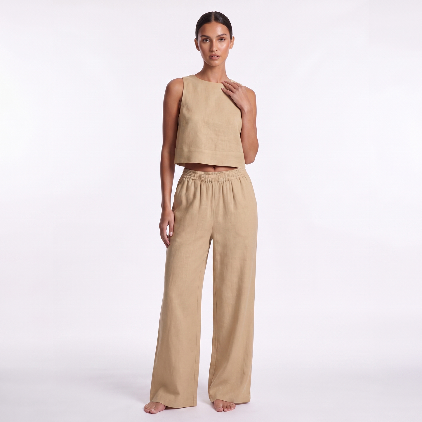 Women's Casual Sleeveless Shirt and Pants Set - Khaki