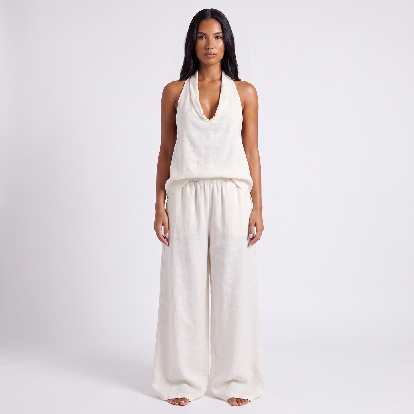 Womens Sleeveless Linen Two-Piece Set - White - full look