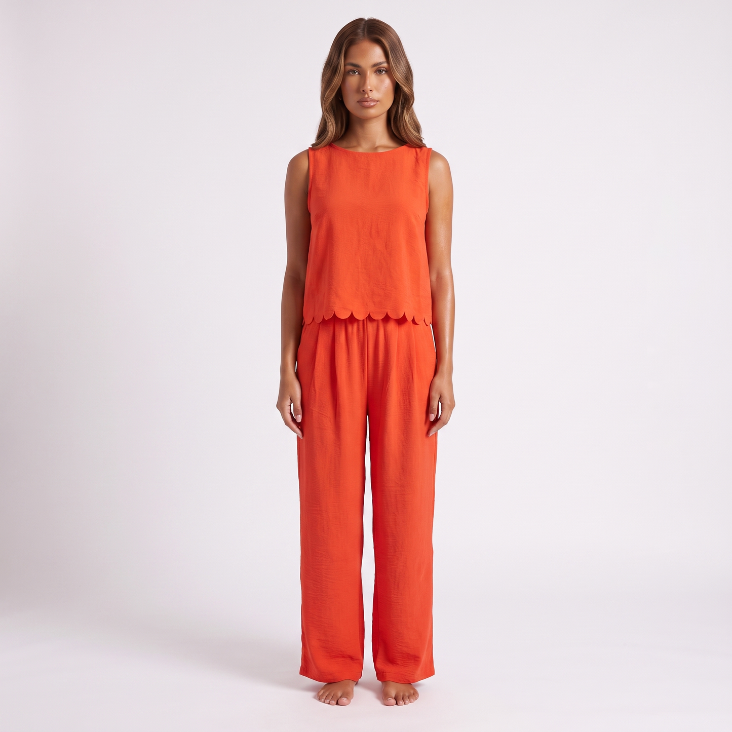Womens Sleeveless Vest Casual Pant - Orange - full look