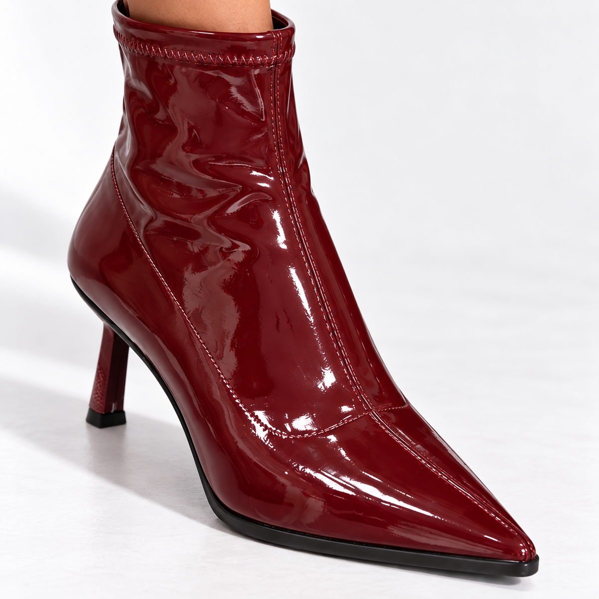 Patent Leather Pointed Toe Stiletto Heel Ankle Boots — wine red detail