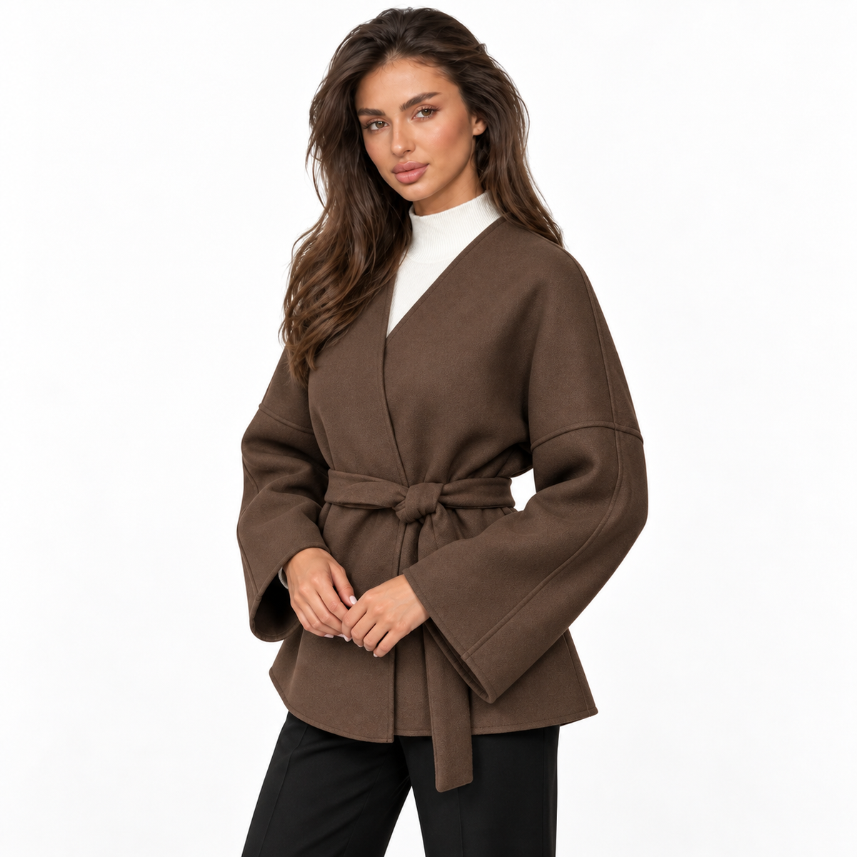 Womens Elegant Belted Trench Coat — brown front