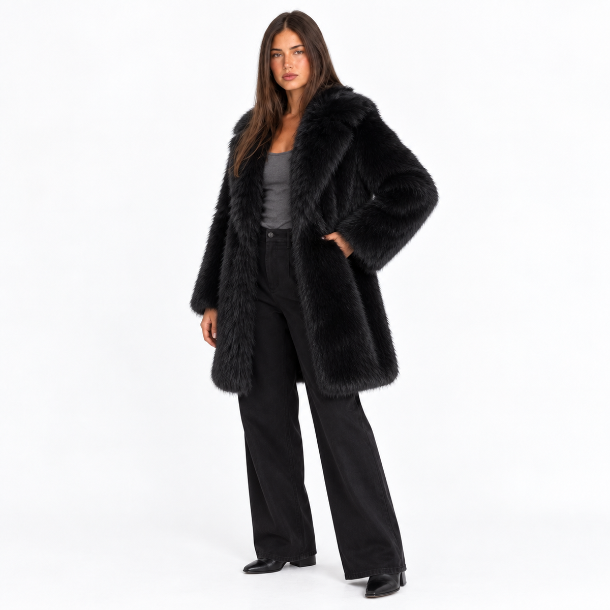 Womens Faux Fur Mid-Length Coat with Extended Collar — black extended lapel front