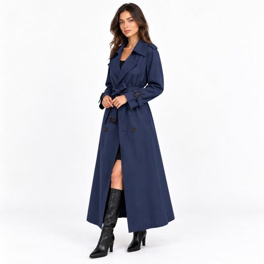 Women's British Style Mid-Length Windbreaker Coat — navy blue front