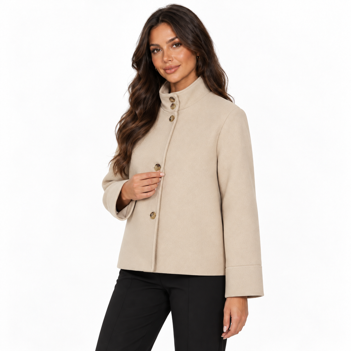 Womens Stand Collar Button Woolen Jacket — mika color front