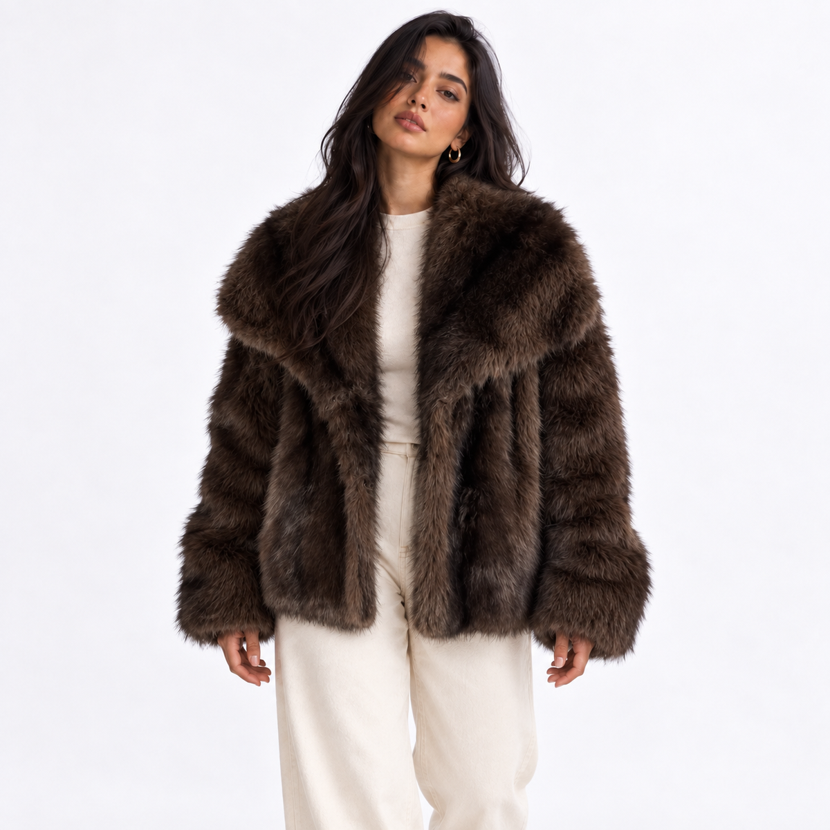 Faux Fur Coat with Gradient Design — brown front