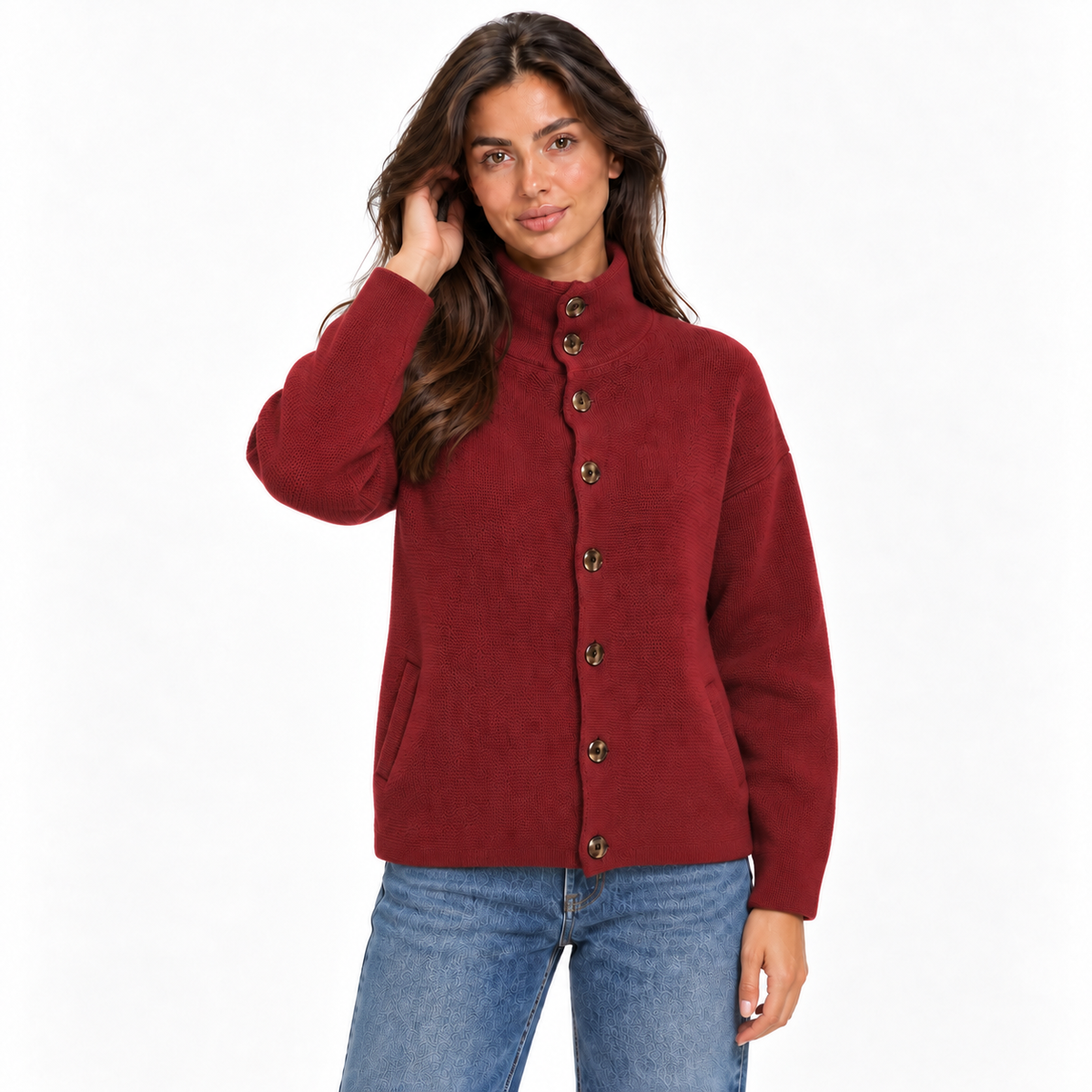 Stand-Up Collar Long-Sleeved Knitted Cardigan — wine red front